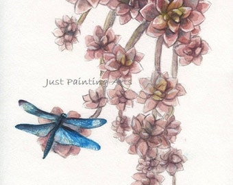 20% OFF Blue on pink,Succulent and blue dragonfly - Art Print 8.5 x11(letter size)