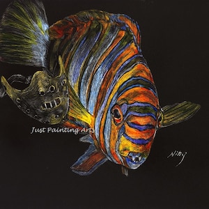 May include: A colorful fish with orange, blue, yellow, and green stripes is drawn in black and white on a black background. The fish has a large mouth and a small eye. The fish is swimming towards the right side of the image. The artist's signature is in the bottom right corner of the image.