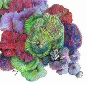 May include: A watercolor illustration of a person sitting on a cluster of colorful coral, reading a book. The coral is a variety of shades of purple, green, and red. The text "Just Painting Arts" and "Ning" are visible in the image.