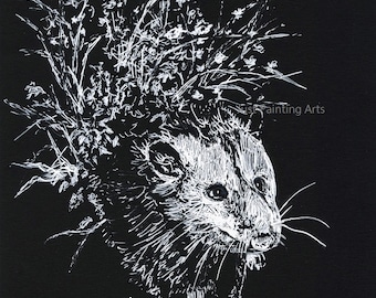 20% OFF Opossum and garden flowers, Black and white sketch,Wild lifes Art Print