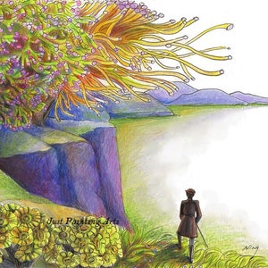 Puede incluir: Una ilustración colorida de un paisaje con un gran árbol con ramas amarillas y naranjas, un acantilado, una masa de agua y una persona de pie en un área cubierta de hierba. El texto "Just Painting Arts" es visible en la esquina inferior derecha de la imagen.