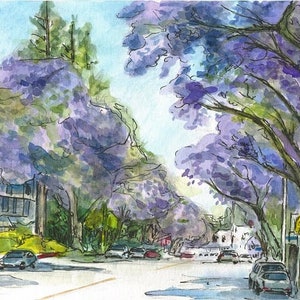 20% OFF Jacaranda blooms in Pasadena,landscape,flowers,city street- Art Print