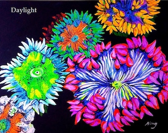 Rock Anemones-- Original UV Reactive / black light / Glow in the dark Acrylic painting on Canvas -20"x 16"