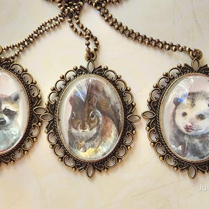 Raccoon/Opossum/Squirrel Oval vintage style necklaces