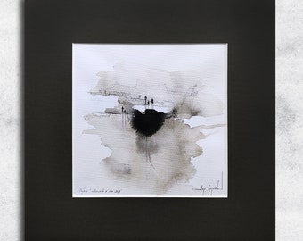 Ink and watercolor - minimalist landscape - no. 1 - original drawing, sepia colour, ink, black and white, watercolor