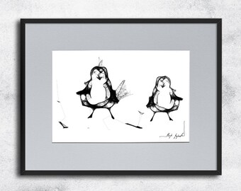 Graphic work No 47 - funny birds, funny birds illustration, black and white art, child's poster, for kid, kids illustration, bird poster