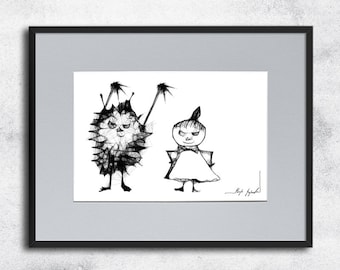Graphic work No 151 - Moomin inspiration, illustration for kid, graphic to kid's room, black and white art, child's poster, Moomin poster