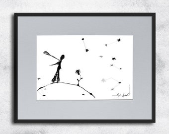 Graphic work No 135 - The Little Prince inspiration, for kids room, black and white art, child's poster, for kid, black and white graphic