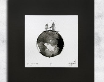 Ink and watercolor - minimalist landscape - original drawing, sepia color, ink, black and white, watercolor, single piece, ink on paper