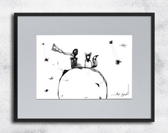 Graphic work No 143 - The Little Prince inspiration, illustration for kids, black and white art, child's poster, graphic for kid