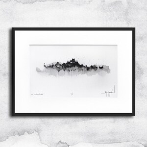 Encre et aquarelle - paysage minimaliste (02) - dessin original, paysage noir et blanc, paysage aquarelle, encre sur papier, encadré !