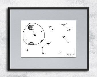 Graphic work No 141 - full moon, moon graphic, full moon illustration, black and white art, for kid, kids illustration, art with moon