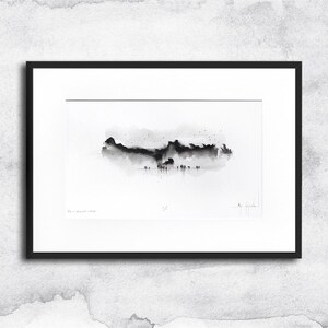 Encre et aquarelle - paysage minimaliste (03) - dessin original, paysage noir et blanc, paysage aquarelle, encre sur papier, encadré !