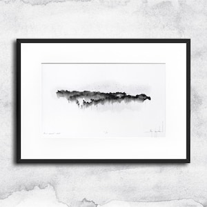Encre et aquarelle - paysage minimaliste (05) - dessin original, paysage noir et blanc, paysage aquarelle, encre sur papier, encadré !