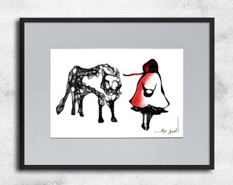 Graphic work No 142 - little red riding hood, black and white poster, fairy tale illustration, black and white art, child's poster, for kid