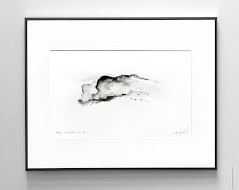 Ink and watercolor - minimalist landscape no 18 - original drawing, clouds drawing,  black and white, watercolor, single piece, ink on paper