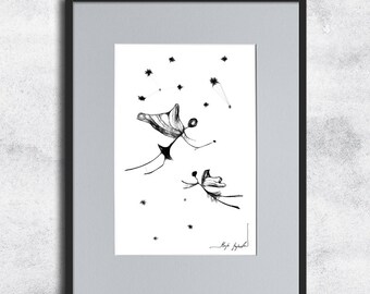 Graphic work No 117 - fairy, fairy tale illustration, black and white art, child's poster, for kid, kids room, kid illustration, kid poster