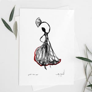 Zwart-wit grafische kunst - flamencomeisje, minimalistische tekening, inkttekening, zwart-wit kunst, inktkunst, vrouwelijke poster, aquarel