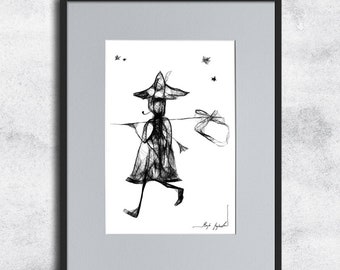 Graphic work No 22 - Moomin inspiration, bajkowa grafika, fairy tale illustration, black and white art, child's poster, for kids, Moomin