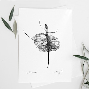 Zwart-wit grafische kunst - dansend meisje, minimalistische tekening, inkttekening, zwart-wit kunst, inktkunst, vrouwelijke poster, aquarel