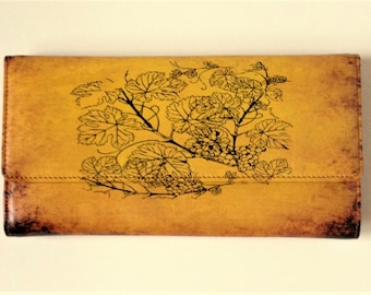 Flower Design Wallet Yellow Leather Wallet Leaf Pattern Wallet