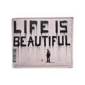 Leather Wallet Banksy Wallet Life is Beautiful graffiti Wallet Slim Credit Card Holder Beige Bill Fold wallet Cool Hipster wallet image 1