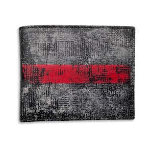 Billetera de cuero gris con arte abstracto Billetera de rayas rojas De cuero para hombres Bill Fold Delgado Soporte de tarjeta de crédito Gray Bi Fold