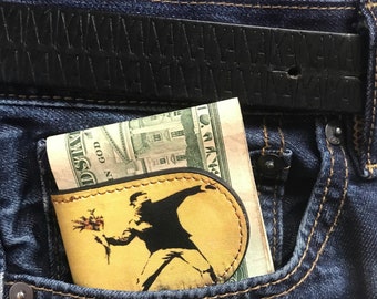 Money Clip with Banksy Protester Graffiti Art Leather Money Clip Banksy Graffiti Magnetic Money Clip Magnetic Cash Holder