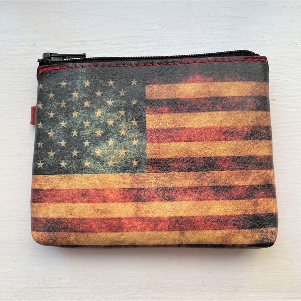 Monedero de cambio con monedero de cuero de bandera estadounidense con bandera de EE.UU. con cremallera monedero con llave monedero de moneda roja hecho en EE.UU.