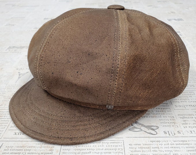 Distressed Brown Leather Newsboy Hat Cap Various Colors With Satin