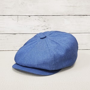 Emstate Eco Twill Slim Apple 8 Panel Newsboy Cap, Made in USA, Baker Boy Cap, Organic, Recycled Denim Blue