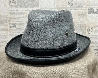 Distressed Grey and Black Cowhide Leather Fedora, Made in USA, SIZE S/M