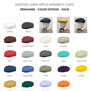 Pode incluir: Um gr&aacute;fico que mostra 18 op&ccedil;&otilde;es de cores diferentes para um bon&eacute; de estilo newsboy de linho. O bon&eacute; &eacute; de estilo cl&aacute;ssico com uma parte superior plana e uma coroa arredondada. As cores incluem branco, preto, marrom, vermelho cardeal, cru, natural, vermelho, cinza claro, carv&atilde;o, &aacute;gua-marinha, verde lim&atilde;o, azul marinho, azul real, oliva, roxo, amarelo, dourado, verde esmeralda, lavanda e laranja.
