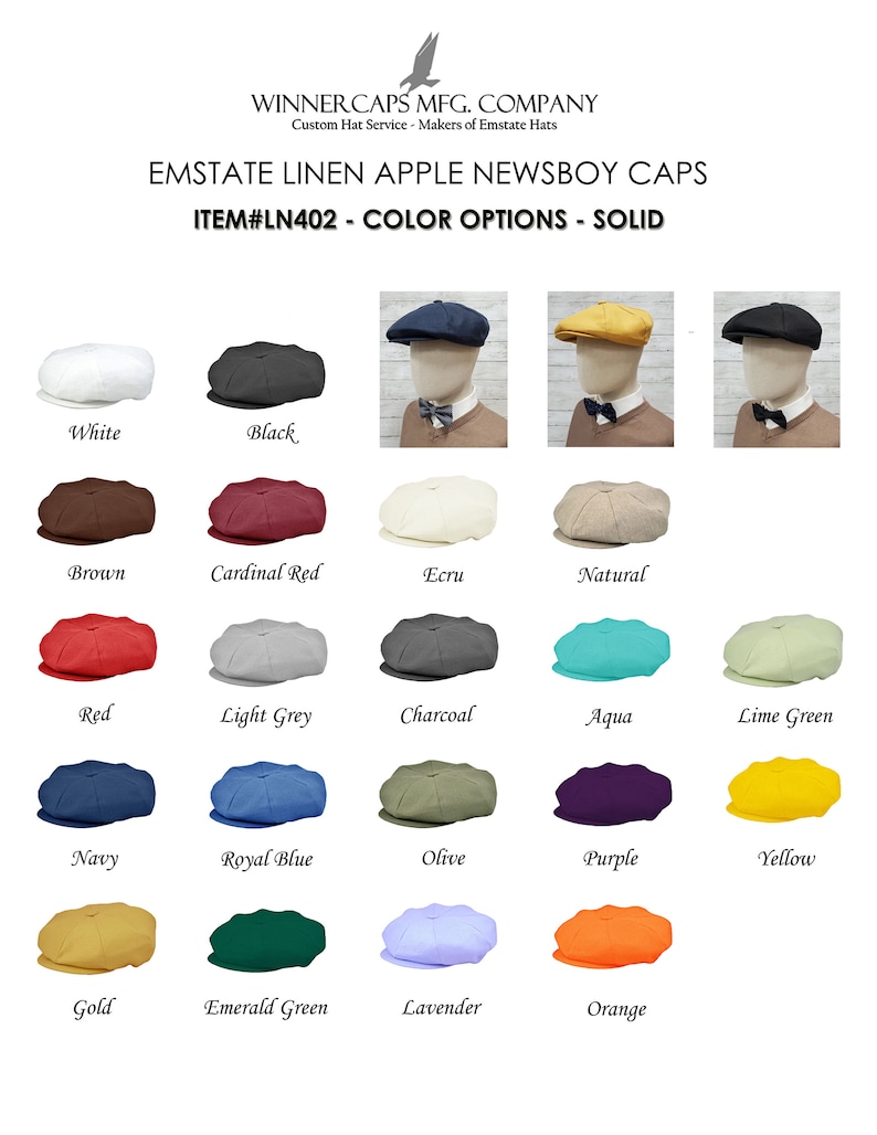 Pode incluir: Um gr&aacute;fico que mostra 18 op&ccedil;&otilde;es de cores diferentes para um bon&eacute; de estilo newsboy de linho. O bon&eacute; &eacute; de estilo cl&aacute;ssico com uma parte superior plana e uma coroa arredondada. As cores incluem branco, preto, marrom, vermelho cardeal, cru, natural, vermelho, cinza claro, carv&atilde;o, &aacute;gua-marinha, verde lim&atilde;o, azul marinho, azul real, oliva, roxo, amarelo, dourado, verde esmeralda, lavanda e laranja.