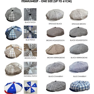 Pode incluir: Uma cole&ccedil;&atilde;o de 12 bon&eacute;s newsboy de linho com v&aacute;rios designs de patch e combina&ccedil;&atilde;o. Os bon&eacute;s s&atilde;o todos de tamanho &uacute;nico e se ajustam at&eacute; 61 cm. Os designs incluem patch preto, preto salpicado, marrom salpicado, patch azul, pata de galo marrom, pata de galo preto, patch marrom, espinha de peixe marrom, espinha de peixe preta, patch aveia, chambray preto, chambray azul, bandeira patri&oacute;tica, xadrez preto e xadrez azul combinado.