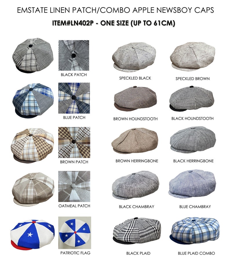 Pode incluir: Uma cole&ccedil;&atilde;o de 12 bon&eacute;s newsboy de linho com v&aacute;rios designs de patch e combina&ccedil;&atilde;o. Os bon&eacute;s s&atilde;o todos de tamanho &uacute;nico e se ajustam at&eacute; 61 cm. Os designs incluem patch preto, preto salpicado, marrom salpicado, patch azul, pata de galo marrom, pata de galo preto, patch marrom, espinha de peixe marrom, espinha de peixe preta, patch aveia, chambray preto, chambray azul, bandeira patri&oacute;tica, xadrez preto e xadrez azul combinado.