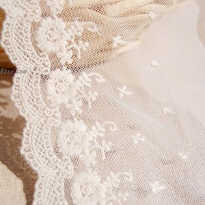 May include: White lace trim with a delicate floral pattern. The lace is on a white mesh background.