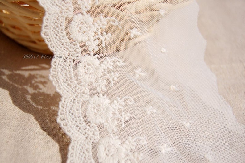 May include: White lace trim with a delicate floral pattern. The lace is on a white mesh background.
