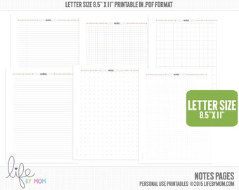 Puede incluir: Un conjunto de páginas imprimibles en formato carta 8.5" x 11" en PDF con diseños rayados, cuadriculados y de puntos. Cada página incluye un encabezado con patrones de chevrón coloridos y el texto NOTES o JOURNAL.