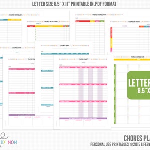 CHORE CHARTS 8.5 x 11 Printable Chore Chart Letter size A4, 3 Ring Binders, Arc Notebooks, Discbound Inserts, Daytimer Folio Franklin Covey
