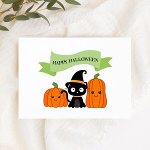 Druckbare Halloween Grußkarte, Schwarze Katze und Kürbisse, 2 Karte und Umschlaggrößen inklusive, Digitale Download Karten und Briefumschläge