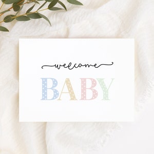 Cartão de boas-vindas para bebê para impressão, letras pastel neutras em termos de gênero, 2 tamanhos de cartão e envelope incluídos, cartões de download digital e envelopes