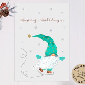 Cute Printable Ice Skating Gnome Christmas Card, Digital Holiday Card