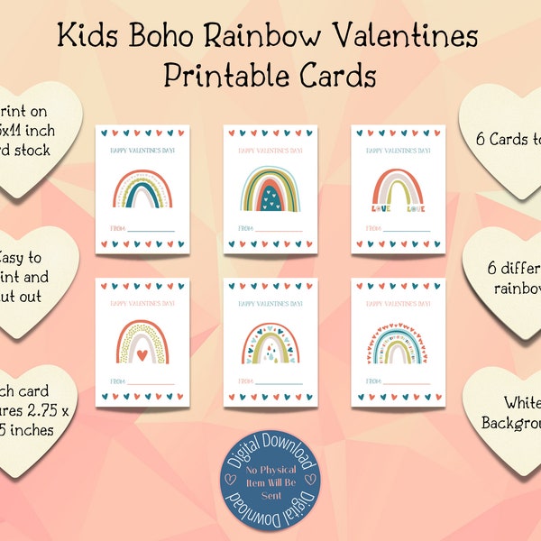 Kids Valentine’s Cards Boho Rainbow Valentines Pastel Valentines Unisex Cards Download Printable V Day Cards for Kids Classroom Valentines