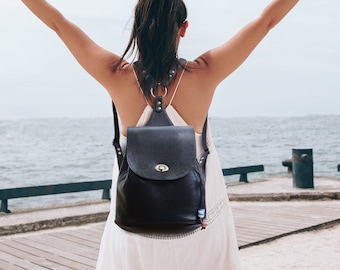 Black leather backpack, small women soft leather purse