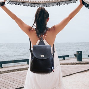 Black leather backpack, small women soft leather purse