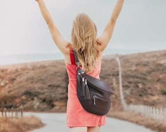 Large leather sling bag whit two leather tassels, large women's leather purse in brown, soft leather fanny pack (model C)