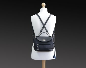 Black leather backpack purse, small woman convertible bag - backpack, shoulder bag