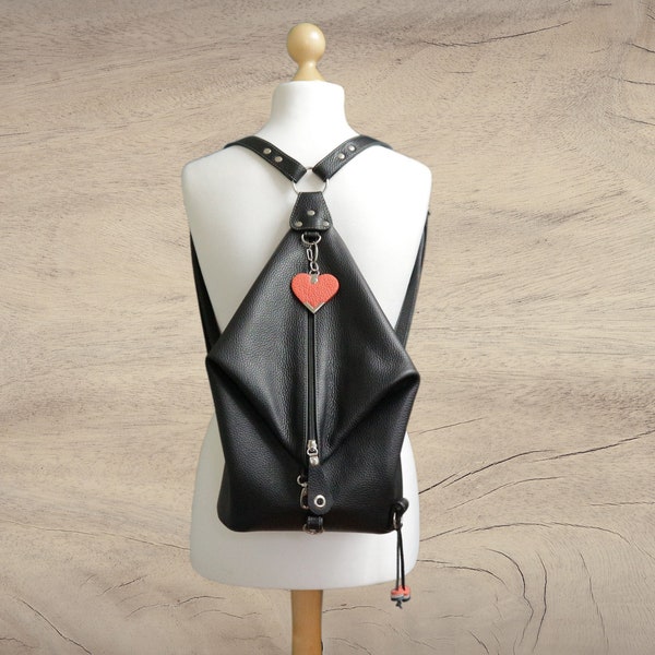 Black leather backpack purse, triangular convertible shoulder bag for women