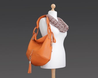 Orange leather hobo bag, crossbody women's slouchy zippered handbag, large leather purse